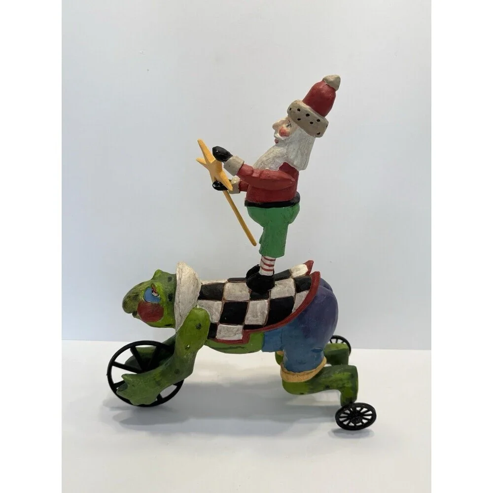 VINTAGE FOLK ART SANTA ON RABBIT WOOD CARVING. PEGGY HERRICK